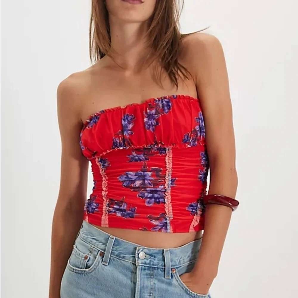 Free People Womens Scottie Tube Top Size S Red Floral Polka Dot Ruched Strapless - Picture 1 of 7